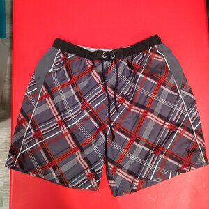 Roots swim trunk maroon grey black plaid men's size L